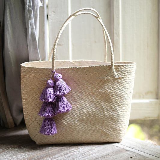 Sani Straw Tote Bag - with Purple Tassels