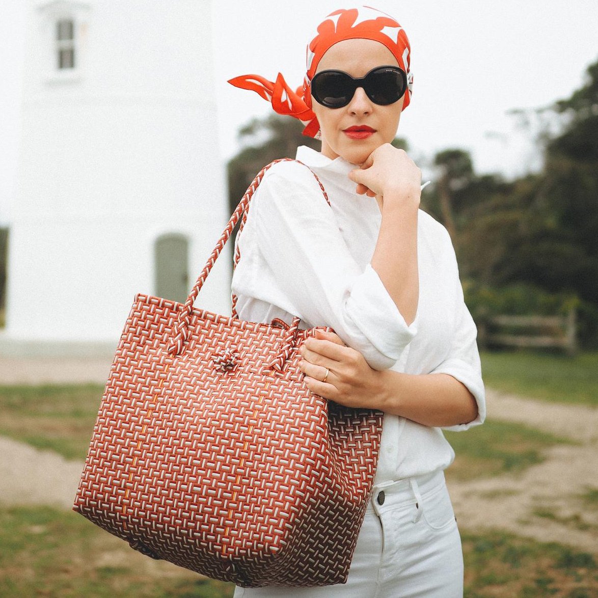 Toko - Recycled Woven Tote Bag, in Red & White