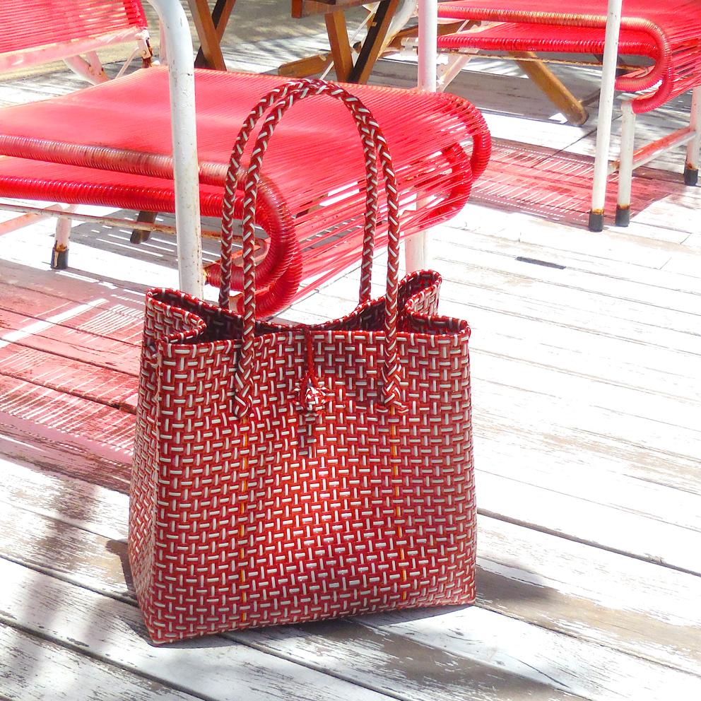 Toko - Recycled Woven Tote Bag, in Red & White