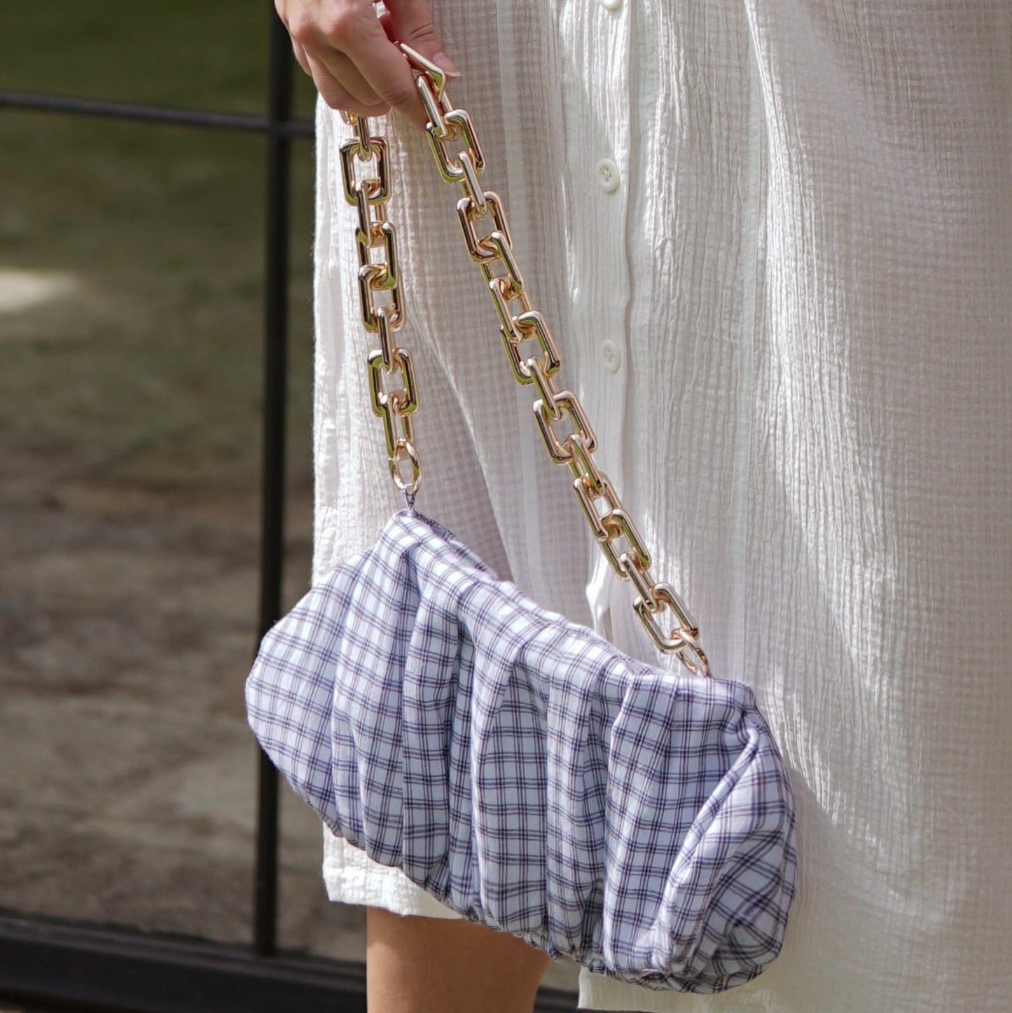 Awan Ruffle Bag, in Navy Blue Gingham