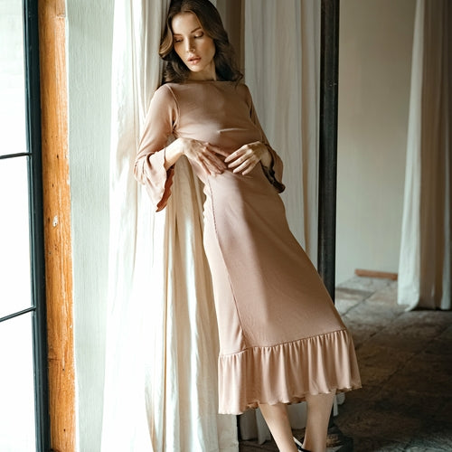 Mara - Ruffle Rib Dress, in Camel Brown