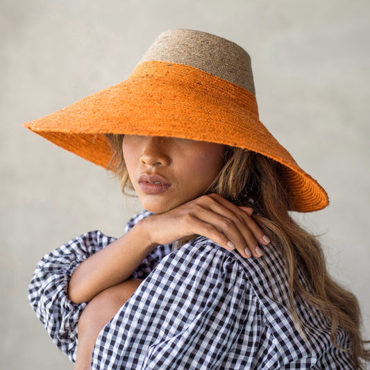 Riri Duo - Jute Handwoven Straw Hat In Pumpkin Orange