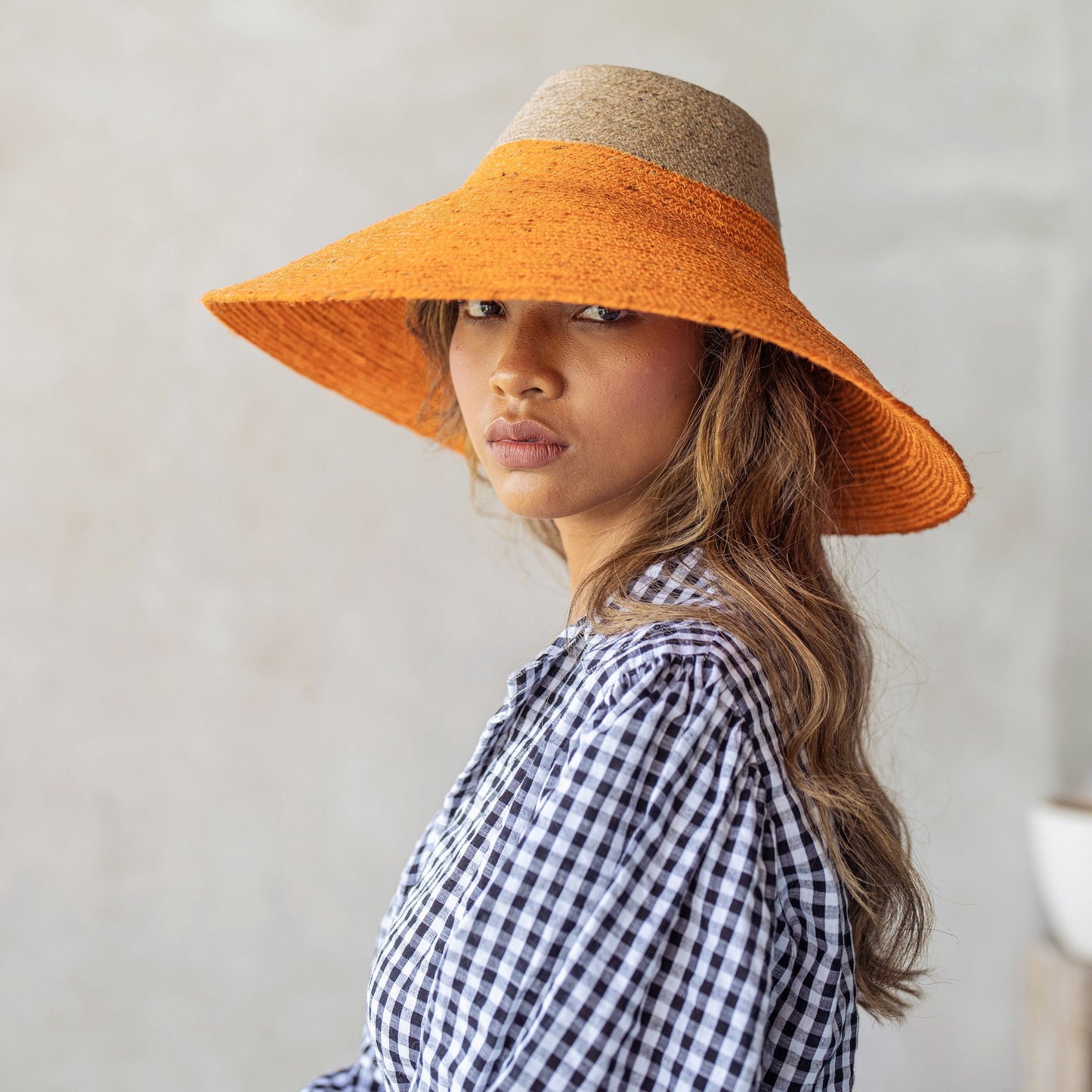 Riri Duo - Jute Handwoven Straw Hat In Pumpkin Orange