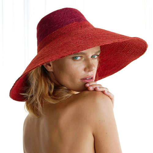 Riri Duo - Jute Handwoven Straw Hat In Red & Maroon