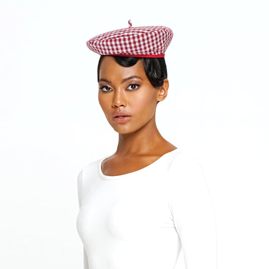 SIMONE Gingham Beret Hat In Red