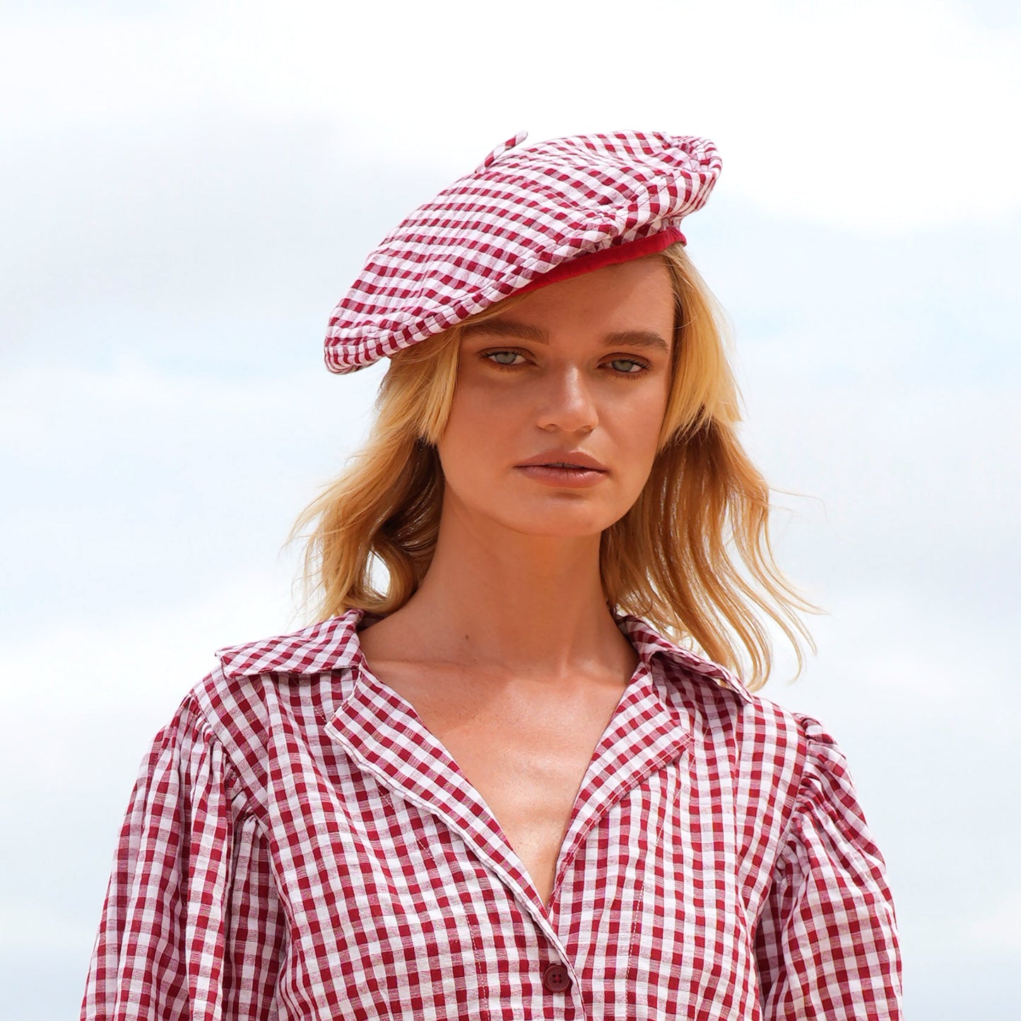 SIMONE Gingham Beret Hat In Red