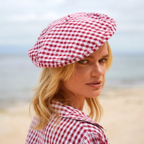 SIMONE Gingham Beret Hat In Red