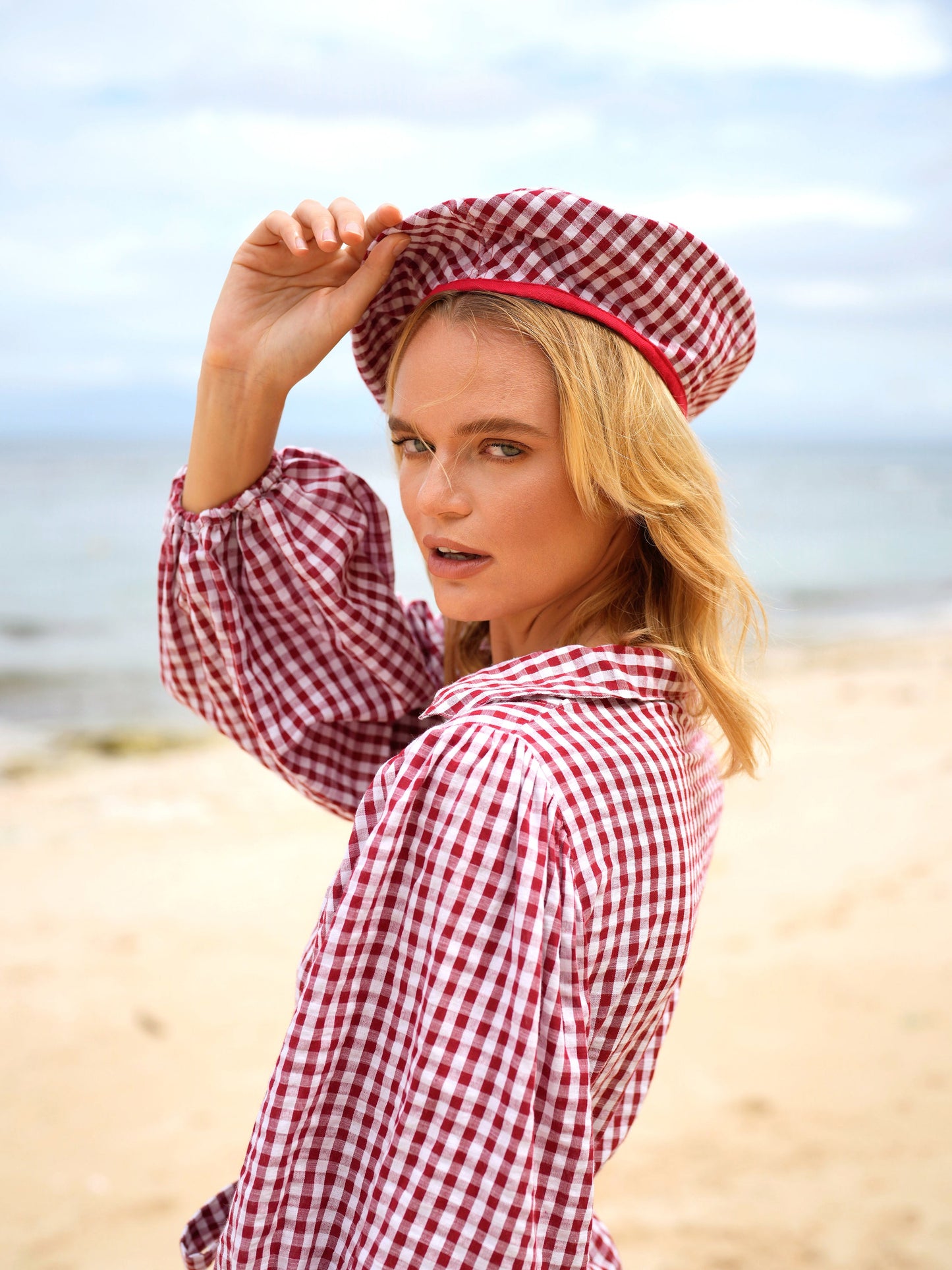 SIMONE Gingham Beret Hat In Red