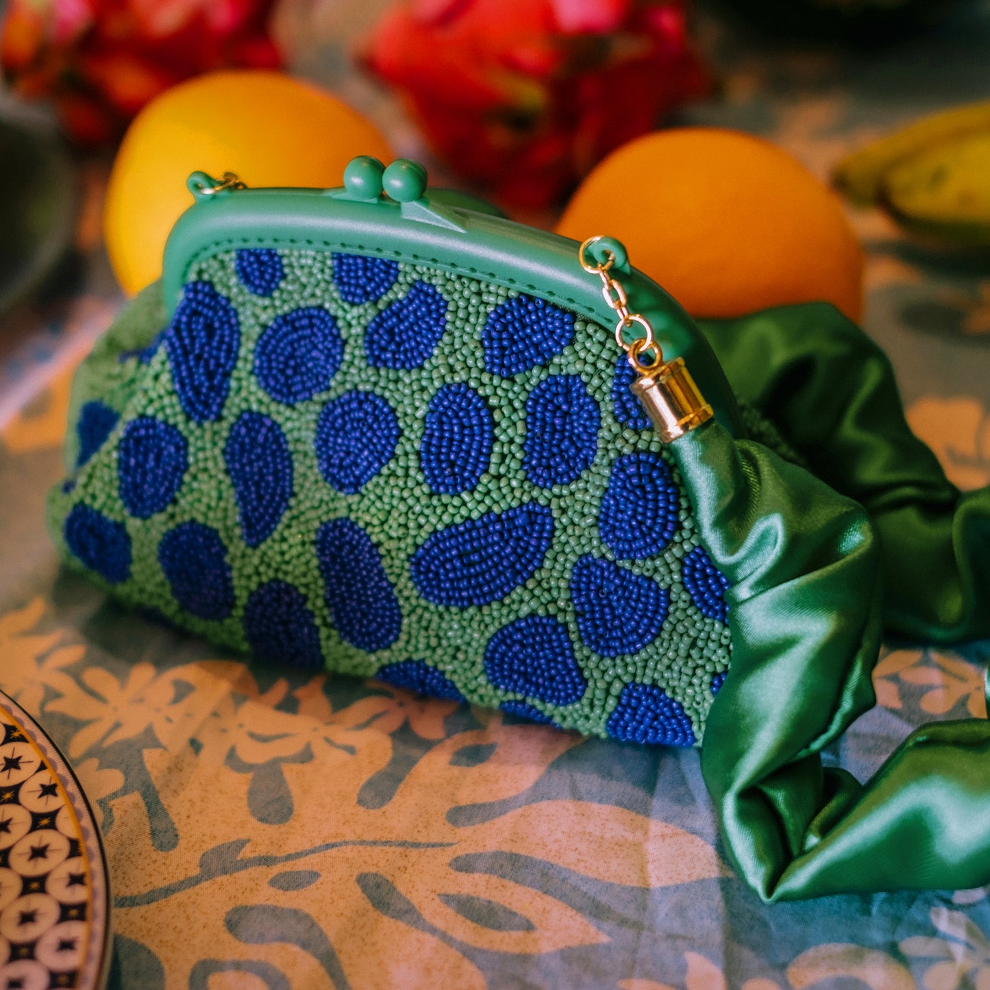 Arnoldi Flower Dots Clutch - Hand-beaded in Lush Green & Blue