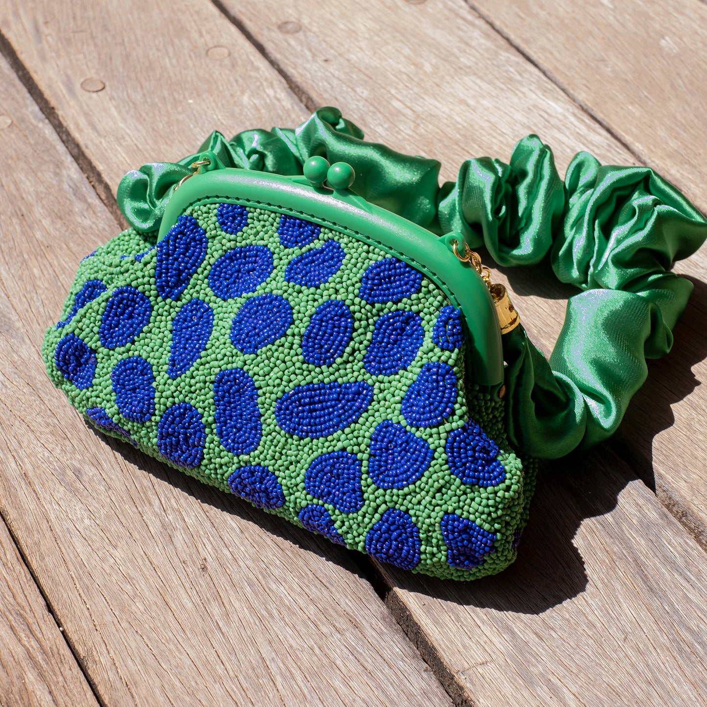 Arnoldi Flower Dots Clutch - Hand-beaded in Lush Green & Blue